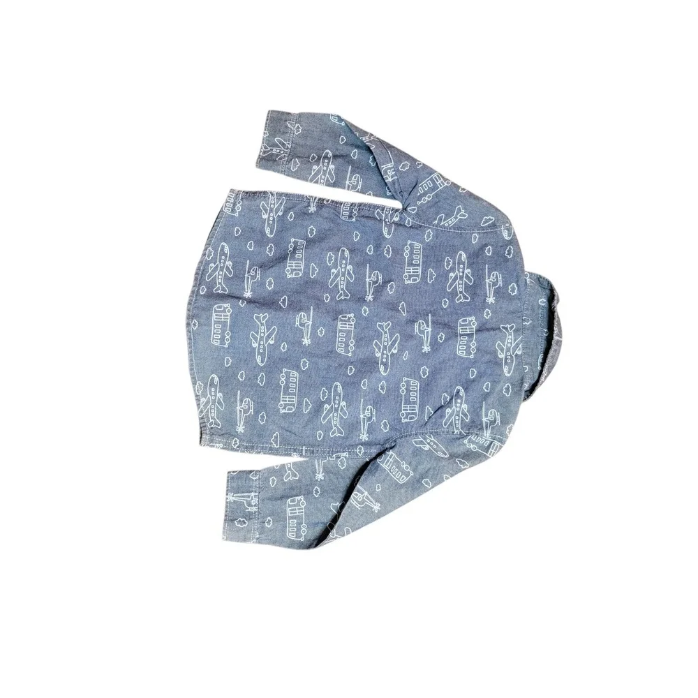 Carter's Button Down Shirt Toddler 24M Blue Excellent Airplane Print Long Sleeve